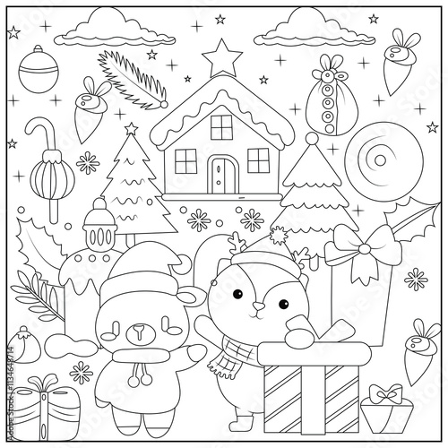 Christmas Hygge cute and cozy coloring book for kids and adults. Cozy Christmas Cats Holiday Coloring Book for children.