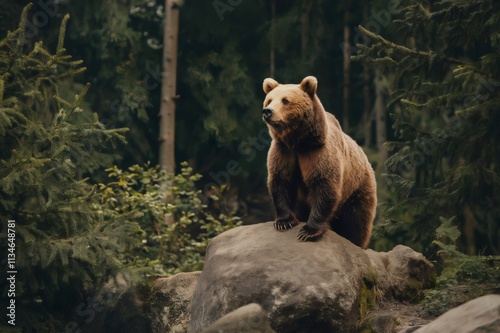 Majestic brown bear standing on a rock in a lush pine forest, exuding power and wilderness