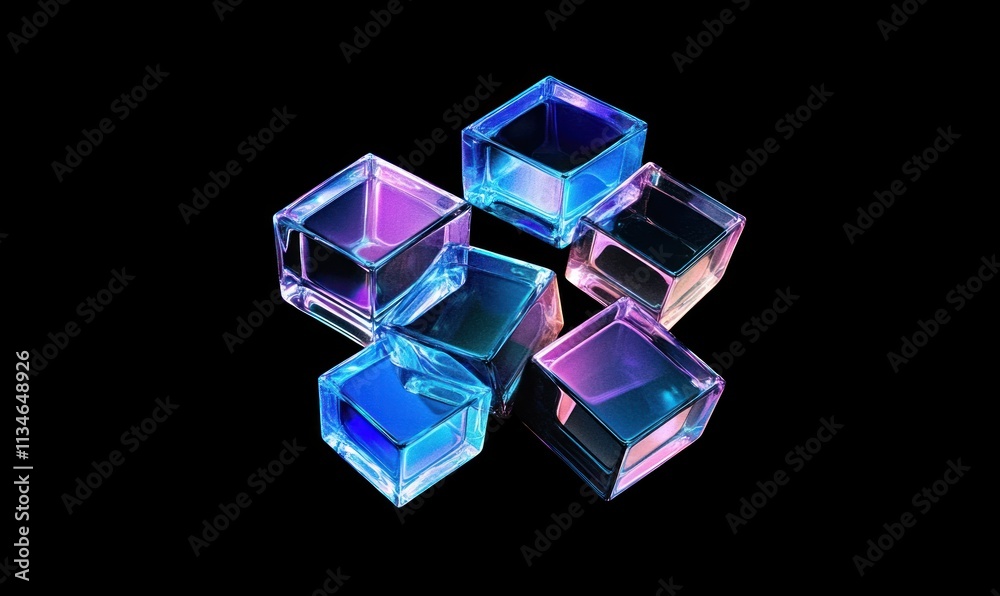 Seven iridescent glass cubes, arranged against a black background. Seven iridescent glass cubes, arranged against a black background.