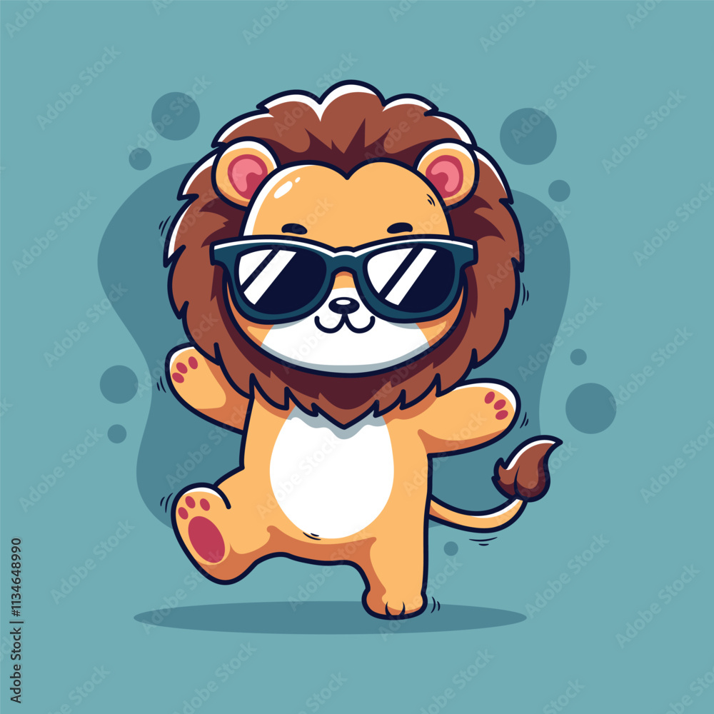 Cute lion in sunglasses. Vector illustration, isolated on blue background. Cute lion in sunglasses. Vector illustration, isolated on blue background.