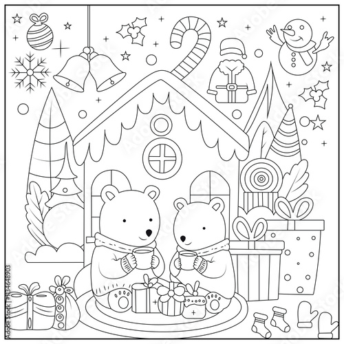 Christmas Hygge cute and cozy coloring book for kids and adults. Cozy Christmas Cats Holiday Coloring Book for children.