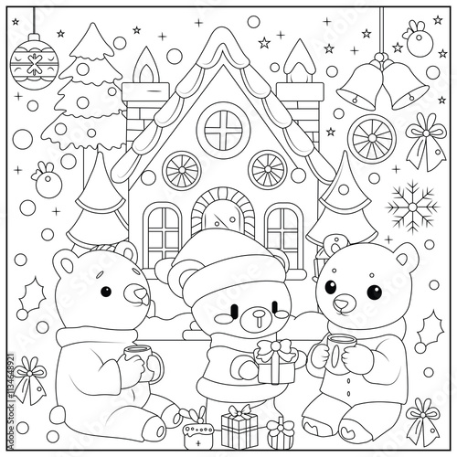 Christmas Hygge cute and cozy coloring book for kids and adults. Cozy Christmas Cats Holiday Coloring Book for children.