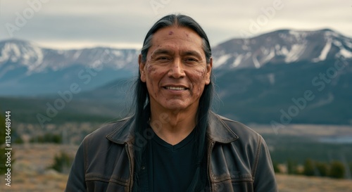 Portrait of mature native american male against mountain landscape for cultural representation