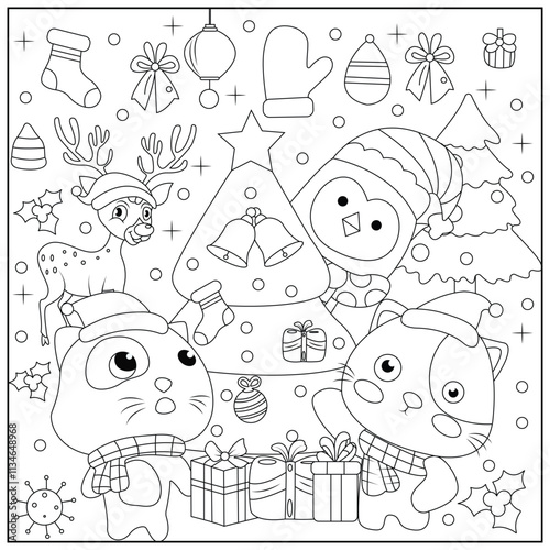 Christmas Hygge cute and cozy coloring book for kids and adults. Cozy Christmas Cats Holiday Coloring Book for children.