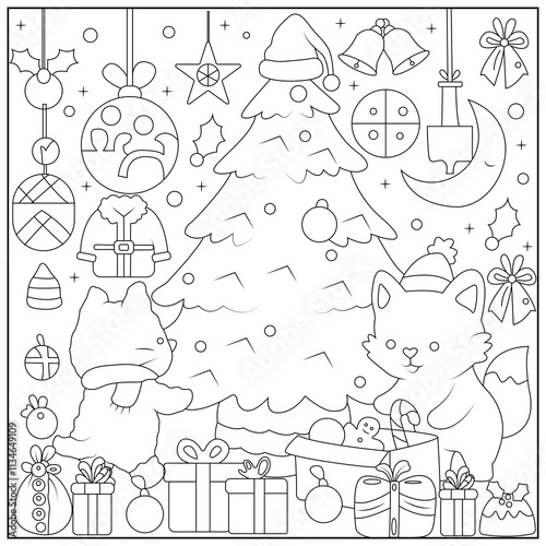 Christmas Hygge cute and cozy coloring book for kids and adults. Cozy Christmas Cats Holiday Coloring Book for children.