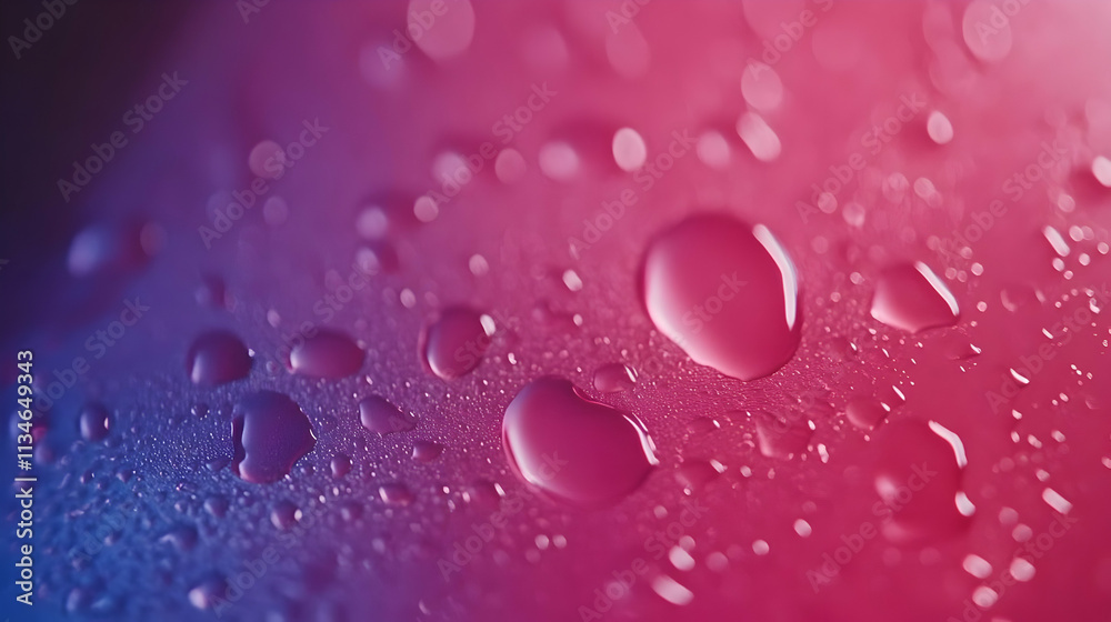 Abstract macro close-up of water droplets on a vibrant pink and blue surface.