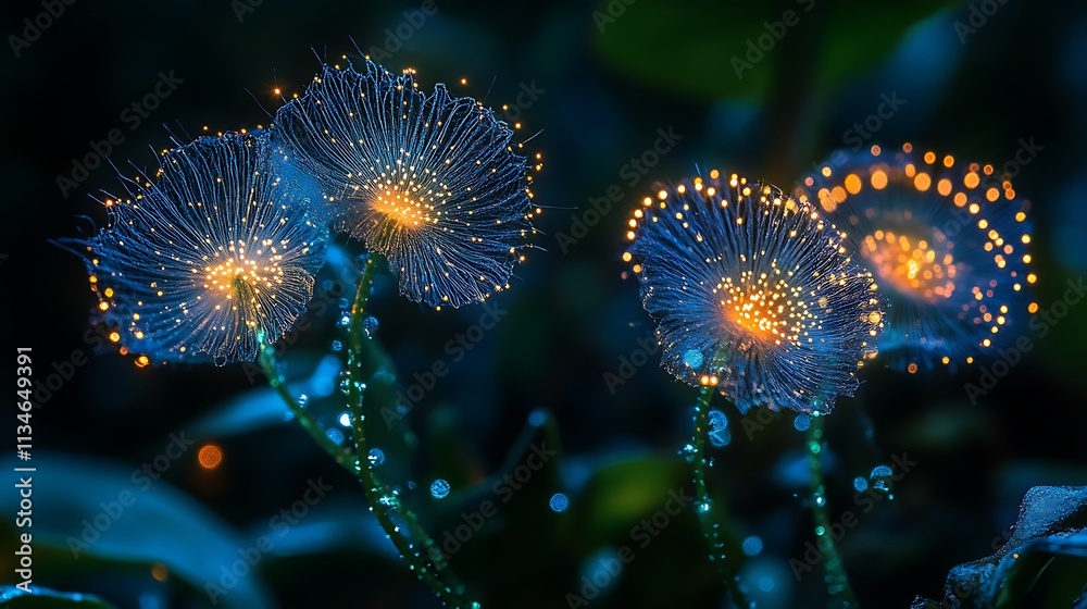 Fototapeta premium Luminous Blue Flowers Glow in the Dark Night