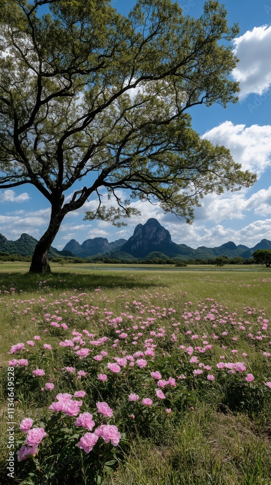 Obraz premium Pink Peony Field with Lone Tree and Mountain View under Blue Sky