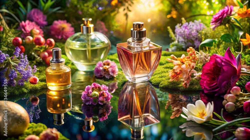 Aerial View of Luxurious Perfume Bottles Surrounded by Natural Elements, Showcasing the Elegance of Fragrance in a Stunning Drone Photography Composition Aerial View of Luxurious Perfume Bottles Surrounded by Natural Elements, Showcasing the Elegance of Fragrance in a Stunning Drone Photography Composition