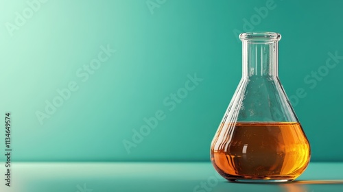 A sleek scientific flask filled with an orange solution stands against a teal wall, symbolizing an intriguing scientific laboratory environment.