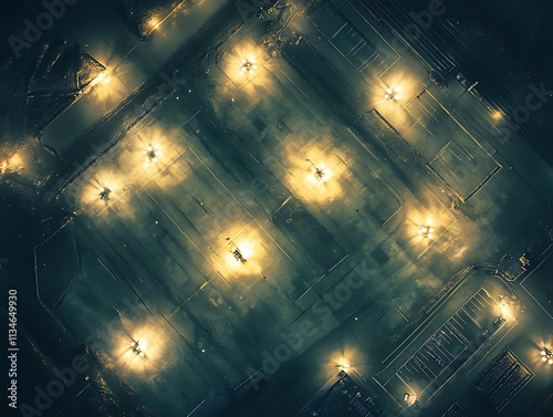 An aerial view of a military base at night, illuminated by floodlights with clear geometric patterns, leaving a spacious dark sky photo