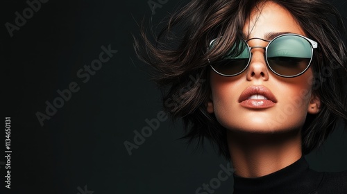 A woman with wind-swept hair rocks stylish sunglasses in a dimly lit setting, exuding charm and allure while showcasing the movement of her hair.