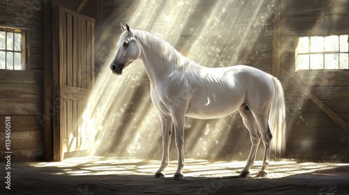 Majestic white horse in sunlit barn animal portrait rustic setting peaceful atmosphere photo