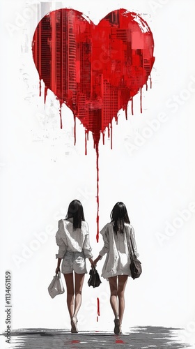 Urban Love Illustration with Women Walking Under Dripping Heart Skyline