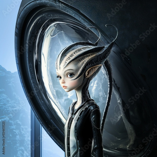 Alien figure with unique head structure and humanoid features, standing inside a futuristic environment.