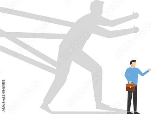 Man standing with shadow tied up with tape trying to run away with full effort. Business difficulty or struggle with career obstacle. Flat vector illustration.

