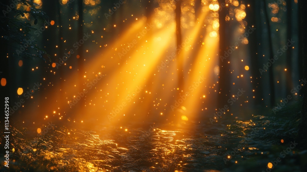 Naklejka premium A serene forest scene with golden sunlight filtering through trees, creating a magical atmosphere.