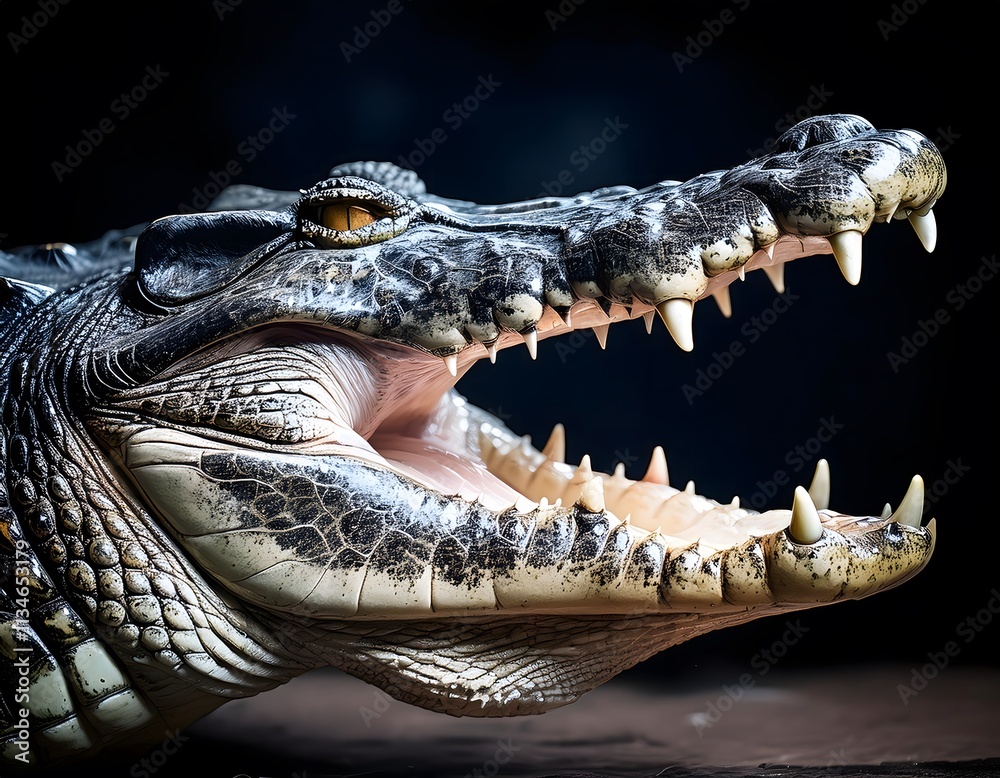 Obraz premium Crocodile Close-Up. Close-up view of a crocodile's open mouth with visible teeth