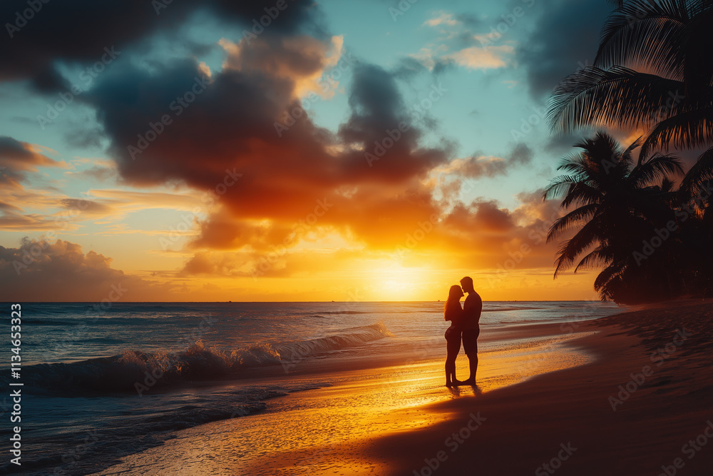 Fototapeta premium A couple sharing a romantic hug on a sunset beach, expressing love and connection on International Hug Day