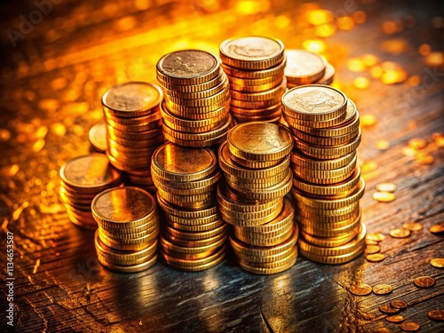 Aerial View of Slanted Euro Coins Stacked in a Pile on a Table, Softly Focused for a Captivating Financial Still Life Image photo