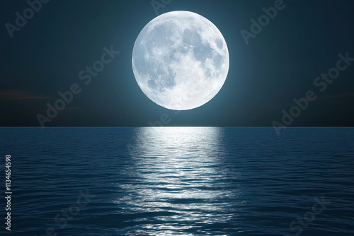 A serene image of a full moon rising over a calm ocean, with gentle reflections on the water photo