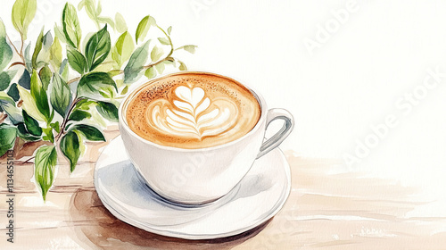 A watercolor illustration of an elegant cup of coffee with latte art in the shape of a heart