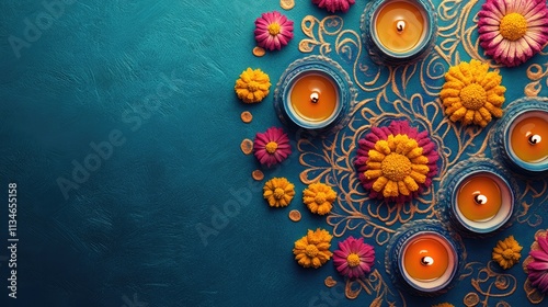 Vibrant Floral Arrangement with Colorful Candles and Marigold Petals on a Rich Turquoise Background Ideal for Celebrations and Festivals photo