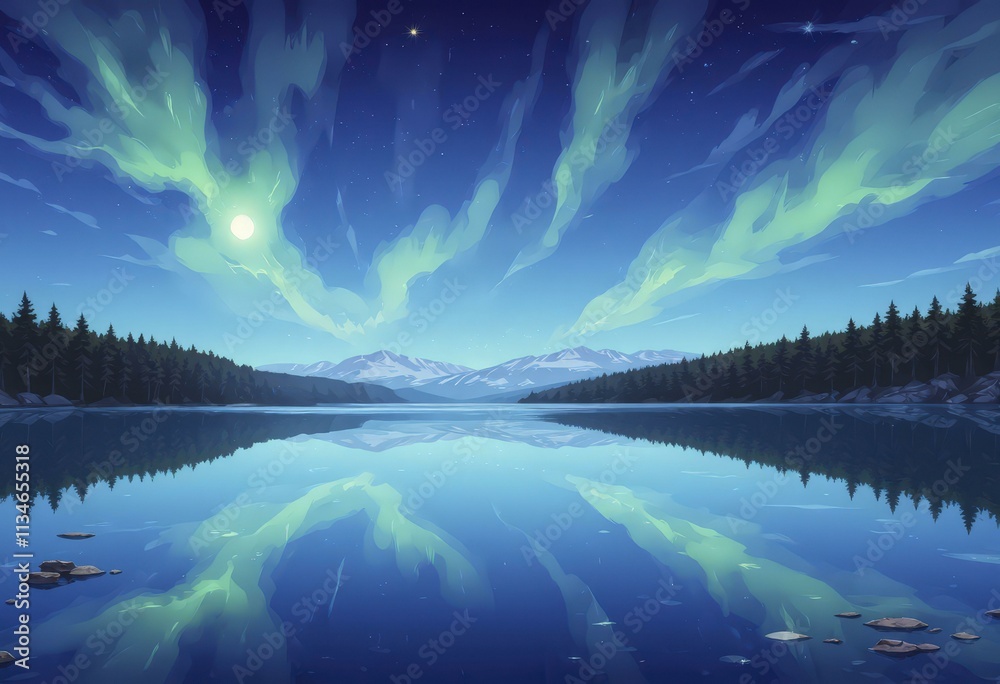Fototapeta premium Starry night sky reflected in a calm lake with snow-covered mountains and aurora borealis, vector art style background