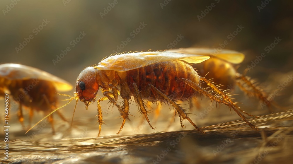 Fototapeta premium Amber insects crawl on textured surface.