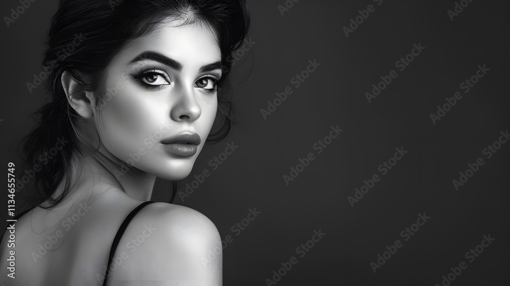 Fototapeta premium Elegant Portrait of a Woman in Black and White with Captivating Eyes