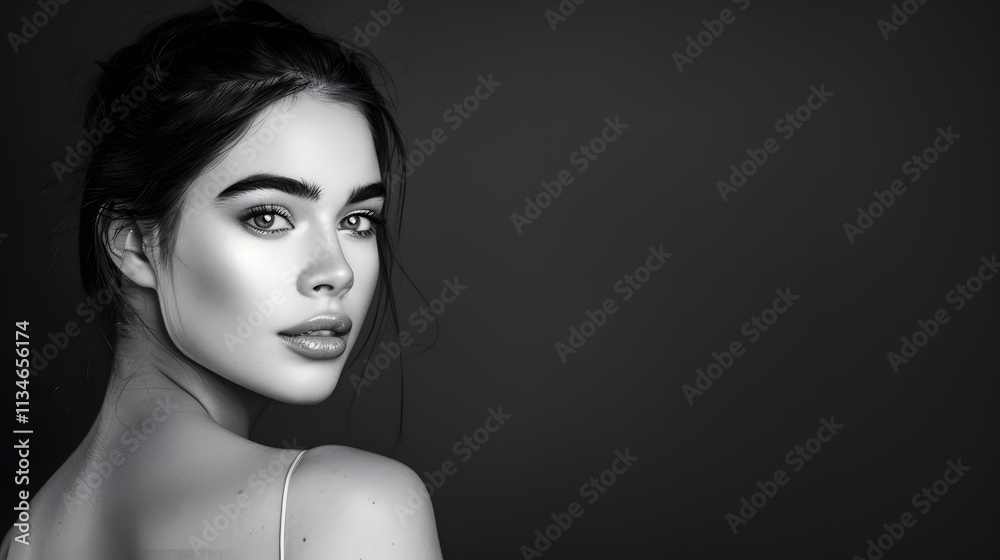 Fototapeta premium Elegant Portrait of a Woman with Striking Features in Monochrome