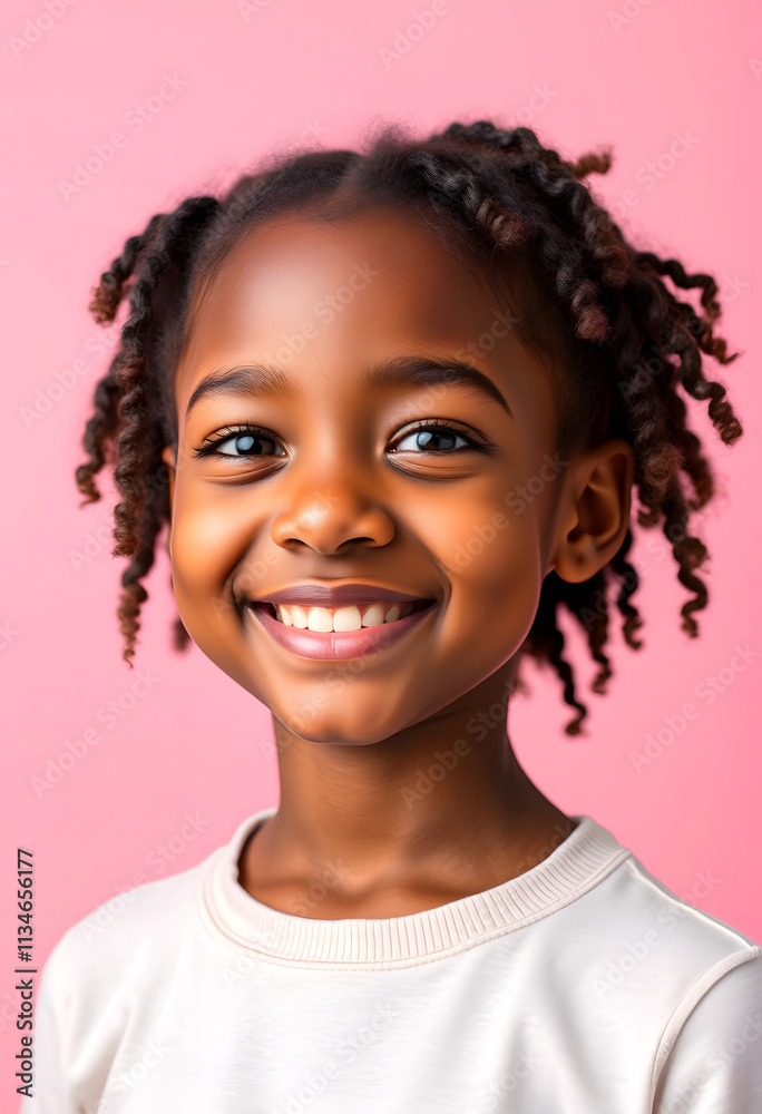 panoramic shot of smiling african american girl with clean face, isolated on pink, with white tones panoramic shot of smiling african american girl with clean face, isolated on pink, with white tones