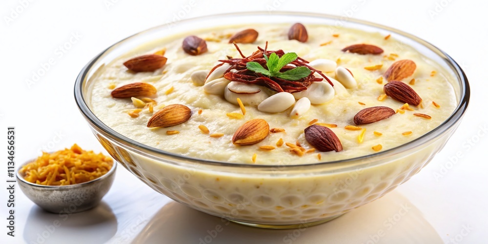 Fototapeta premium Aerial View of Traditional Indian Kheer Dessert, Creamy Rice Pudding with Nuts and Saffron, Isolated on Clean Background for Culinary and Food Photography