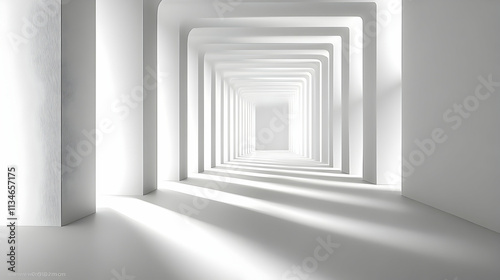 Abstract white hallway with light and shadow.