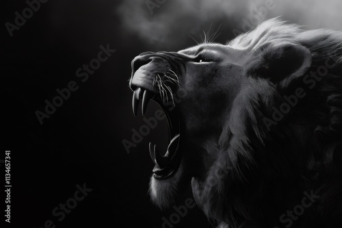 Close up of a male lion roaring fiercely, showcasing its power and aggression against a dark background, creating a dramatic and intense scene photo