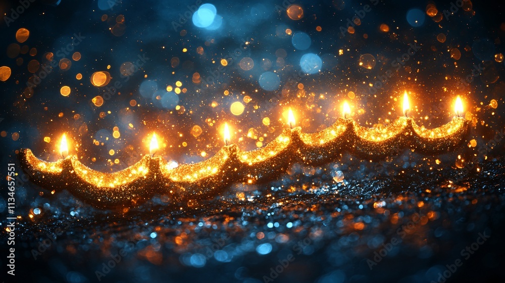 Obraz premium Sparkling Gold Candles, Blue Bokeh Background