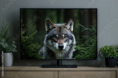 Modern television displaying a captivating image of a wolf in a forest setting, enhancing the ambiance of a stylish living room photo