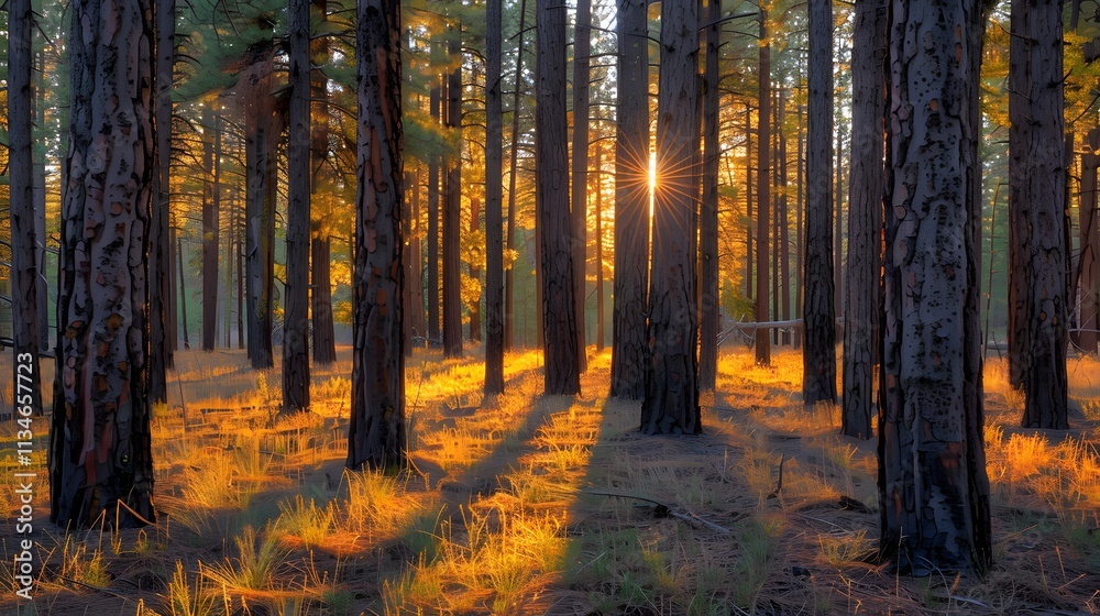 Sunrise Through Tall Pine Trees in a Serene Forest Setting Sunrise Through Tall Pine Trees in a Serene Forest Setting