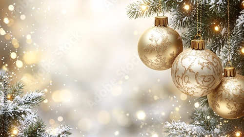 Sparkling Gold Christmas Ornaments on Snowy Tree