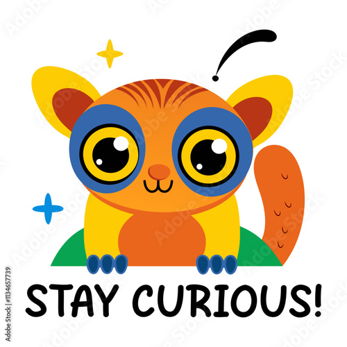 Bushbaby with stay curious text, flat sticker 

