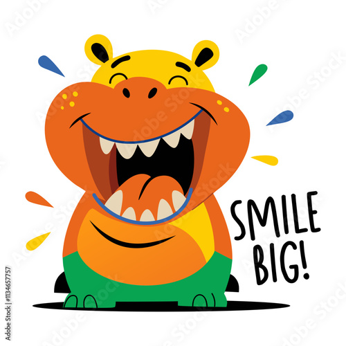 Hippopotamus with smile big text, flat sticker 
