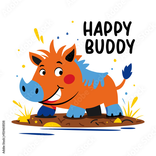 Dirty warthog with happy buddy text, flat sticker 
