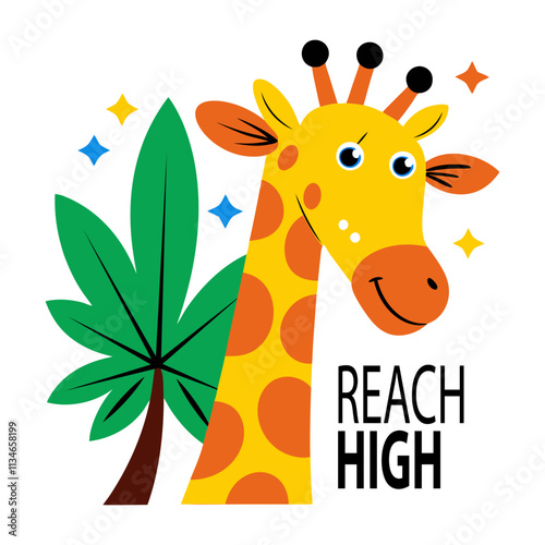 A flat sticker showing giraffe with reach high text 

