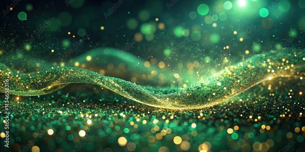 Abstract Green and Gold Glitter Wave with Bokeh Lights Abstract Green and Gold Glitter Wave with Bokeh Lights