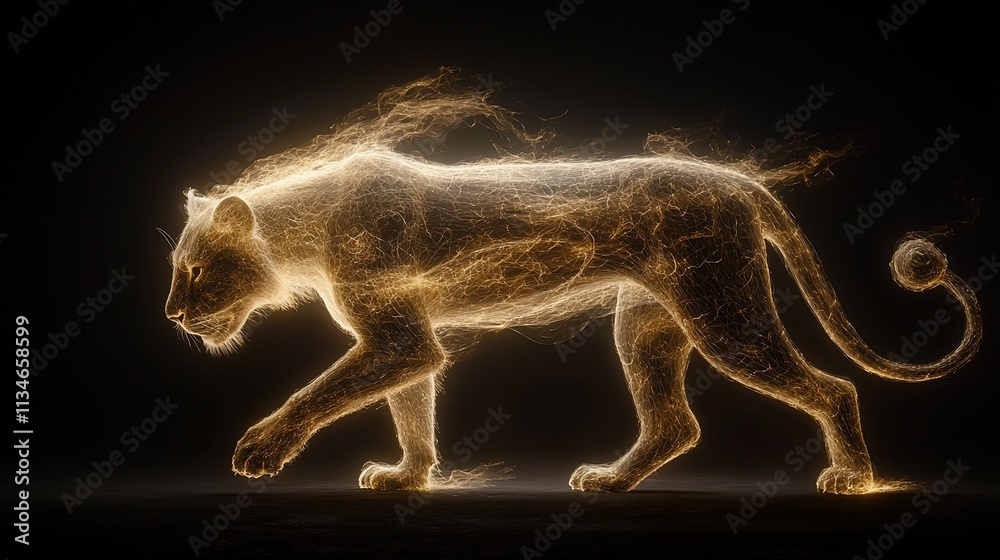 Fototapeta premium Glowing lioness walking in darkness.