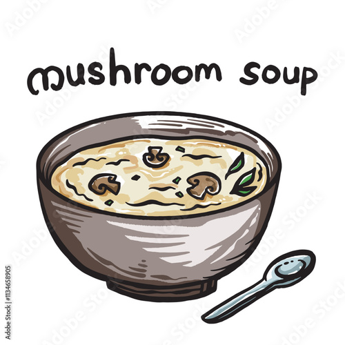 Delicious mushroom cream soup drawing isolated on square white background. Simple flat outlined cartoon art styled food drawing.