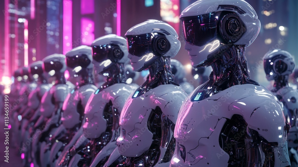 Fototapeta premium White robots line up, futuristic city backdrop.