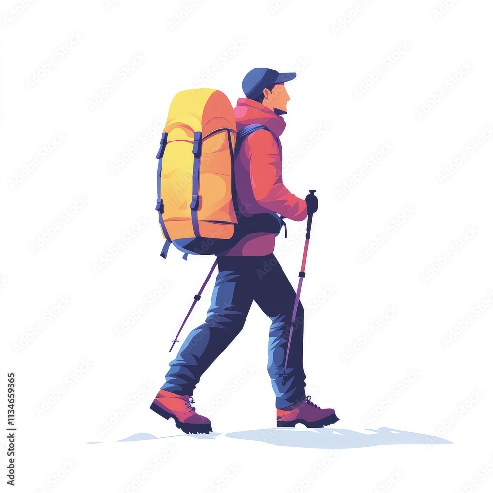 Fototapeta premium Male hiker with a large yellow backpack walks with trekking poles during an outdoor adventure.