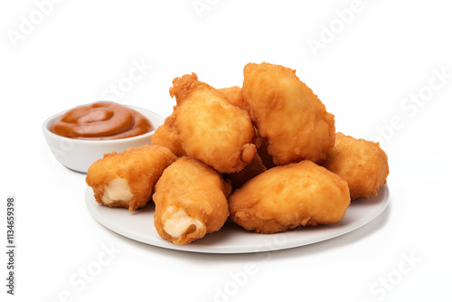 Close-up of high-quality, freshly prepared chicken poppers displayed on a clean white background, showcasing their crispy texture and appetizing appearance