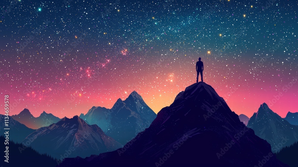 Hobbies for Relaxation and Self-Care concept. Silhouette of a person gazing at a starry night sky. Hobbies for Relaxation and Self-Care concept. Silhouette of a person gazing at a starry night sky.